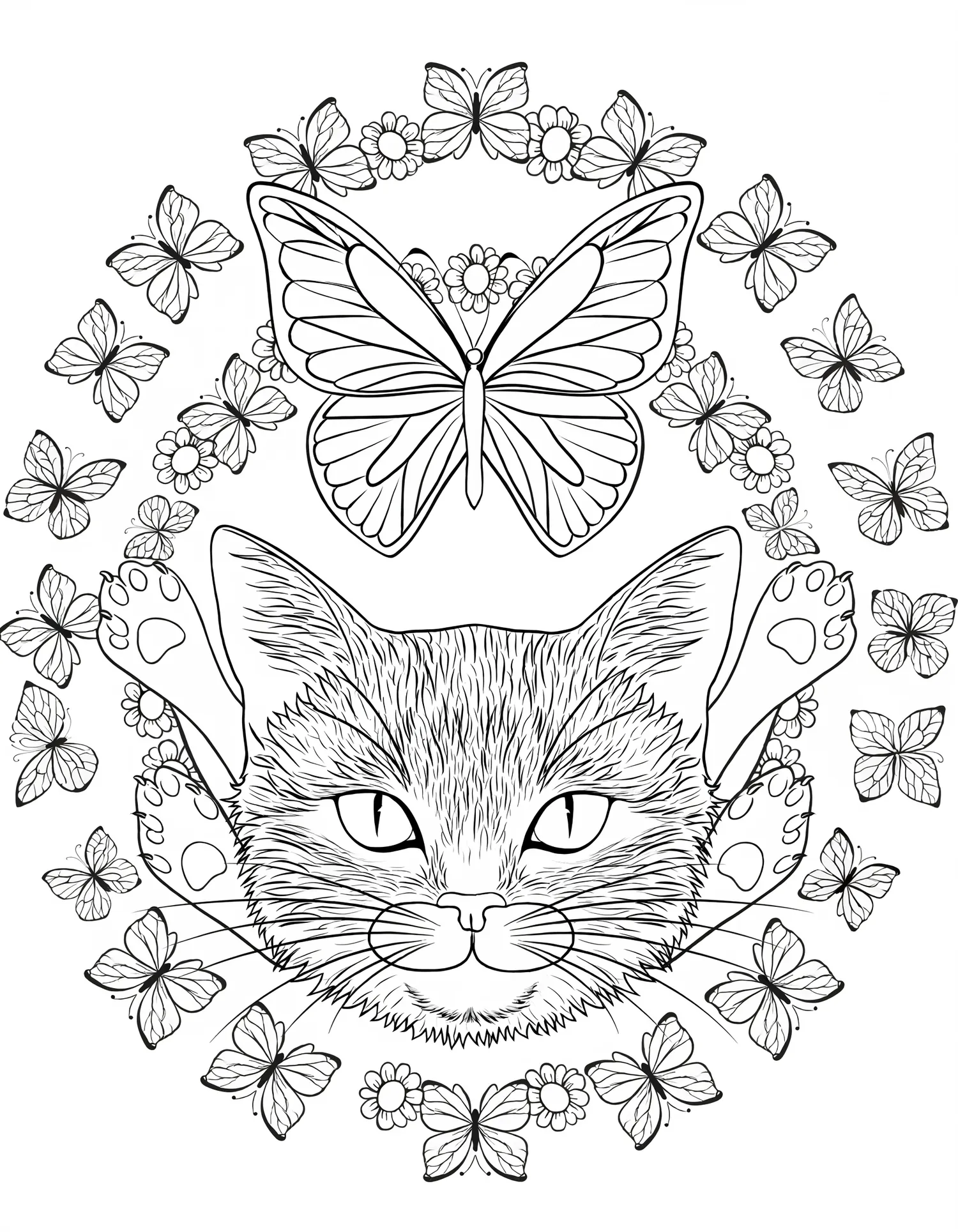 Mandala Chat et Papillons - Coloriage mandala à imprimer gratuitement